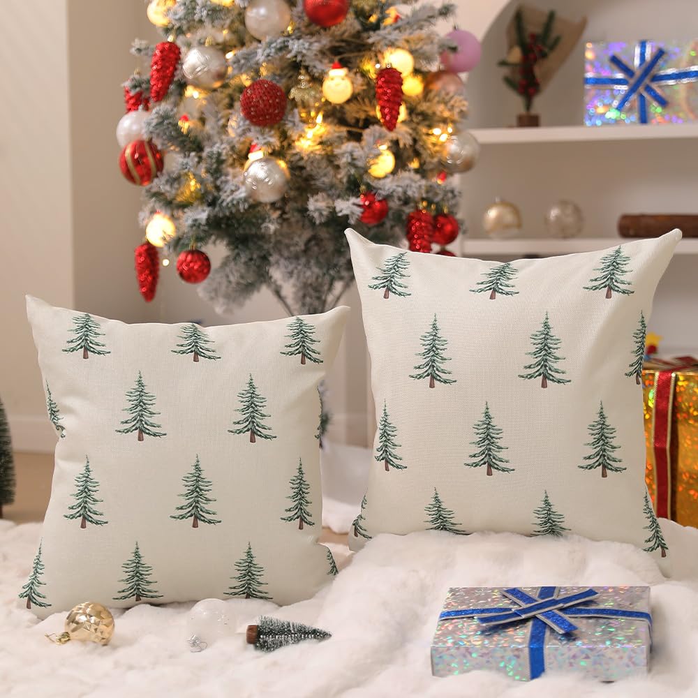 Soft Velvet Christmas Pillow Covers 18x18 inch Set of 2 Green Christmas Tree Decorative