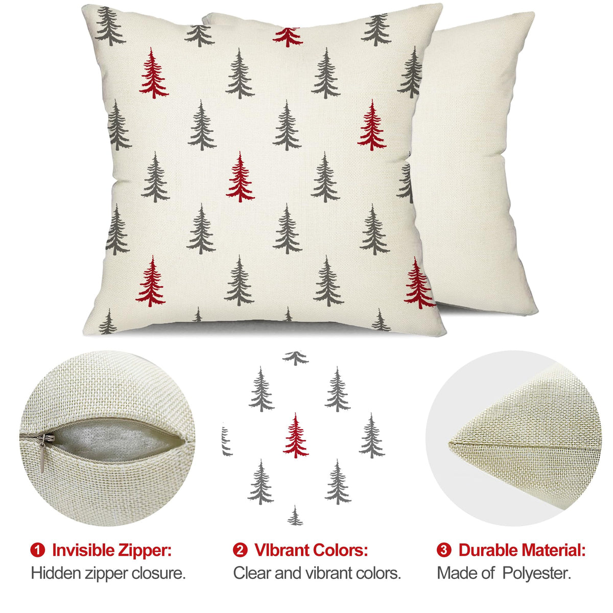 Christmas Pillow Covers 18x18 inch Set of 2 Christmas Tree Decorative Red and Gray Throw Pillow Covers