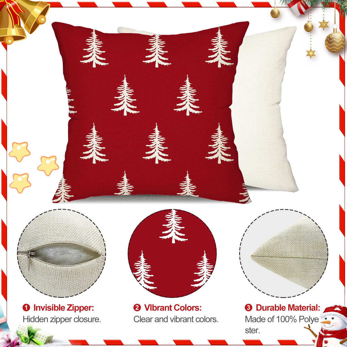 Christmas Pillow Covers 18x18 inch Set of 2 Christmas Tree Decorative Red Throw Pillow Covers