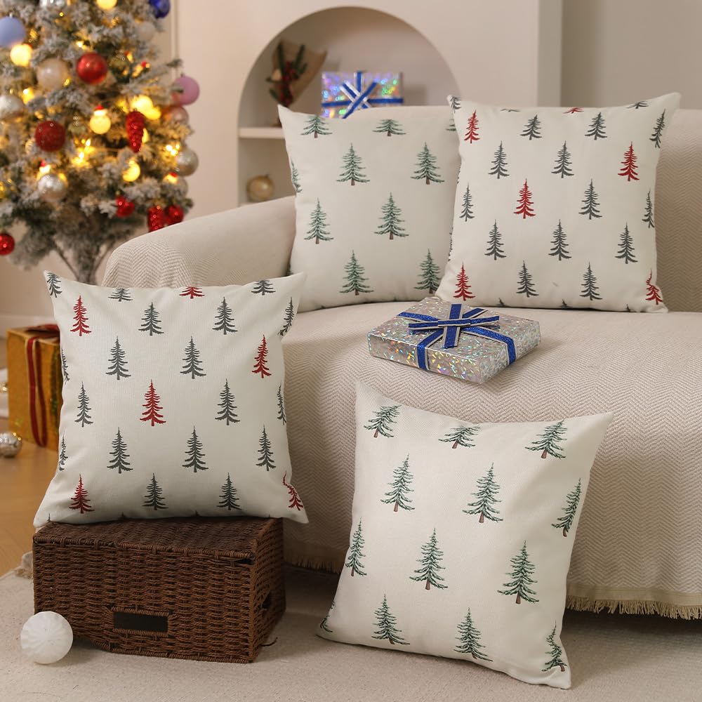 Christmas Pillow Covers 18x18 inch Set of 2 Christmas Tree Decorative White Throw Pillow Covers Winter