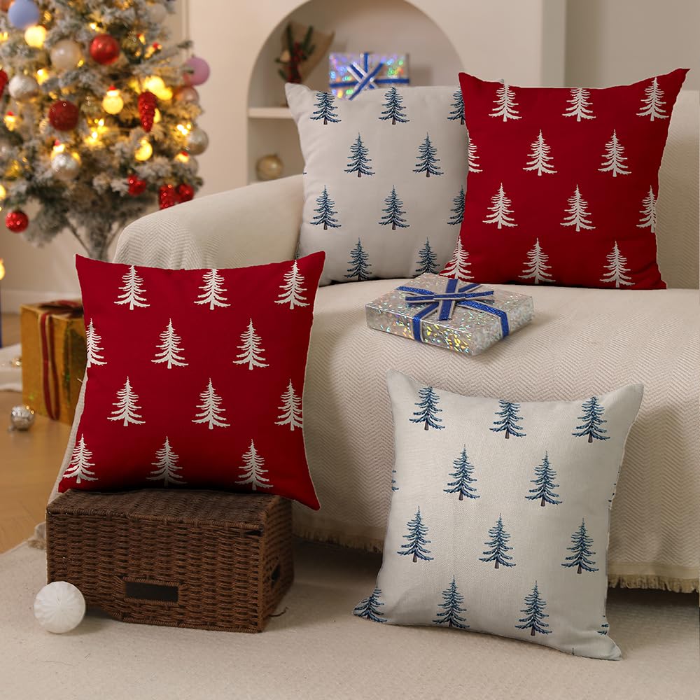 Christmas Pillow Covers 18x18 inch Set of 2 Christmas Tree Decorative Red Throw Pillow Covers