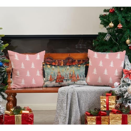 Christmas Pillow Covers 18x18 inch Set of 2 Christmas Tree Decorative Pink Throw Pillow Covers
