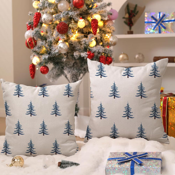 Christmas Pillow Covers 18x18 inch Set of 2 Winter Blue Christmas Tree Decorative White Throw Pillow Covers