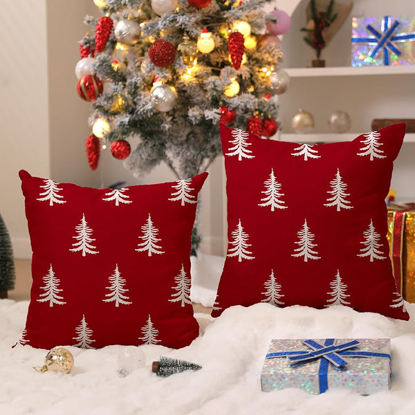 Christmas Pillow Covers 18x18 inch Set of 2 Christmas Tree Decorative Red Throw Pillow Covers