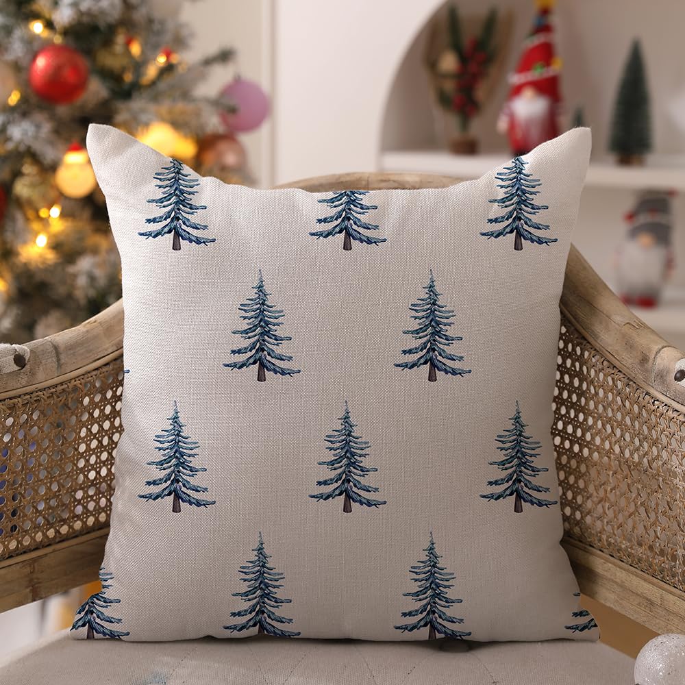 Christmas Pillow Covers 18x18 inch Set of 2 Winter Blue Christmas Tree Decorative White Throw Pillow Covers