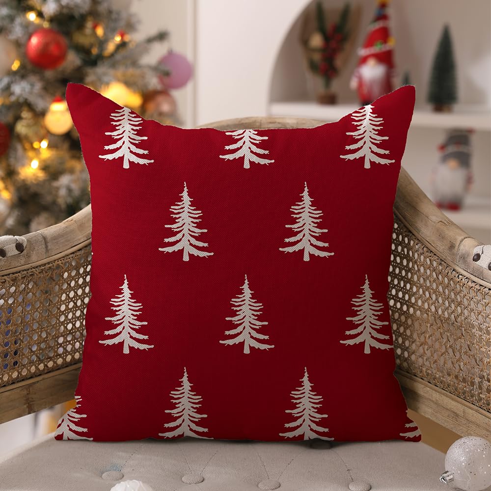 Christmas Pillow Covers 18x18 inch Set of 2 Christmas Tree Decorative Red Throw Pillow Covers