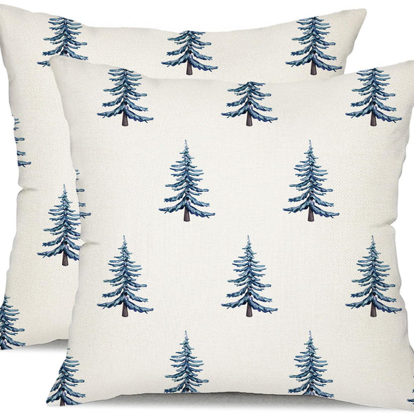 Christmas Pillow Covers 18x18 inch Set of 2 Winter Blue Christmas Tree Decorative White Throw Pillow Covers