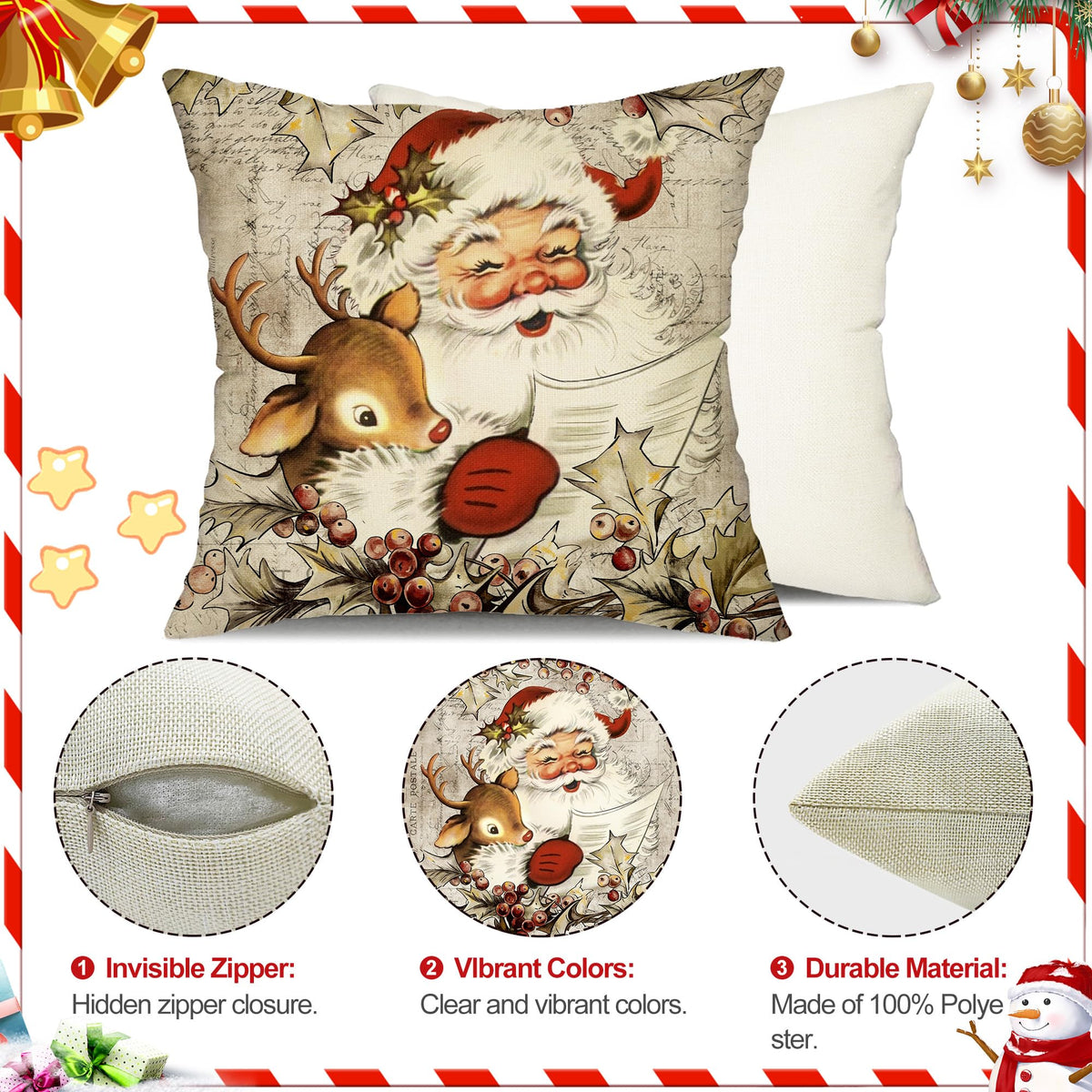 Christmas Pillow Covers 18x18 inch Set of 4 Santa Claus Reindeer