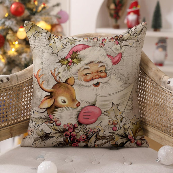 Christmas Pillow Covers 18x18 inch Set of 4 Santa Claus Reindeer - Pink