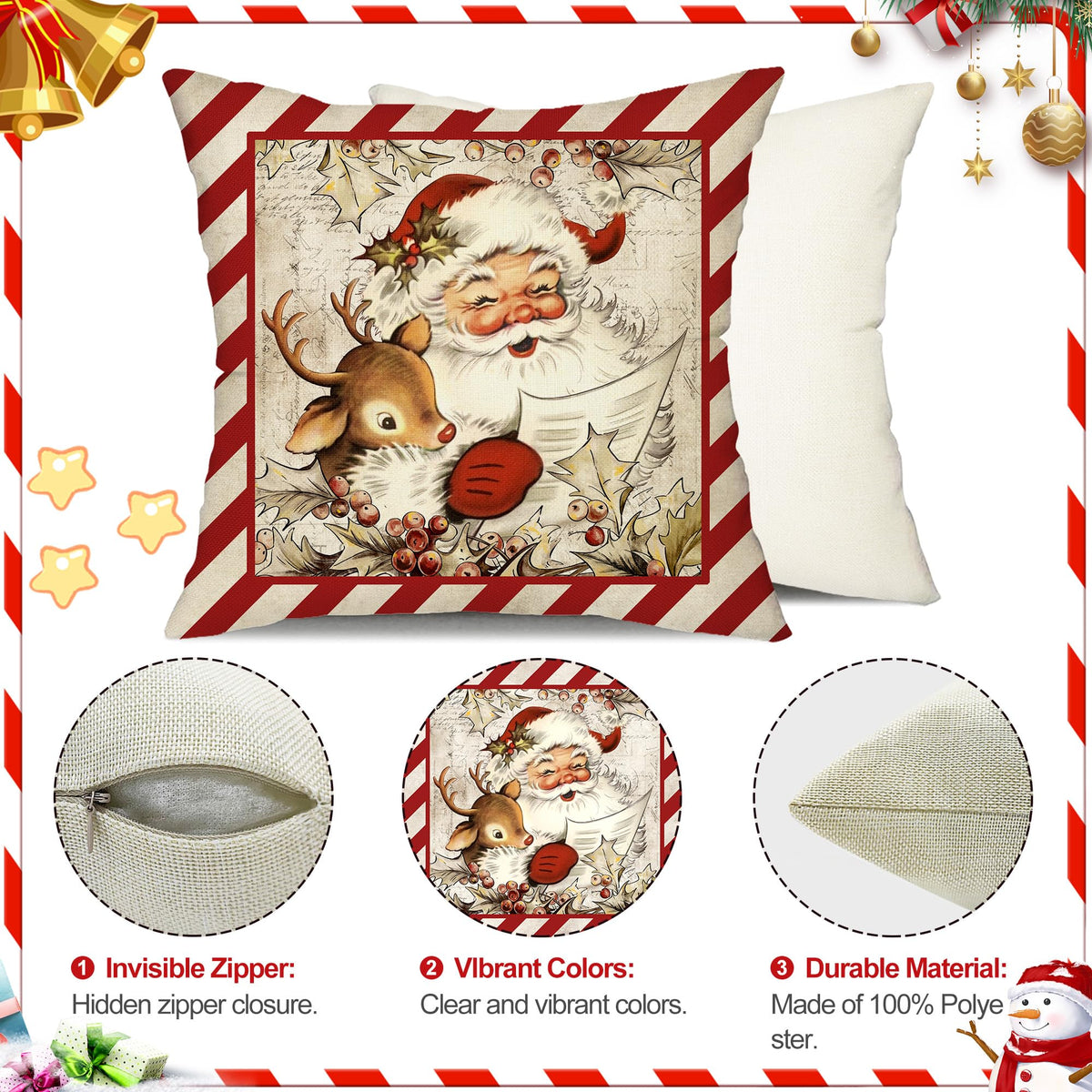 Christmas Pillow Covers 18x18 inch Set of 4 Santa Claus Reindeer - Green and Red Stripe