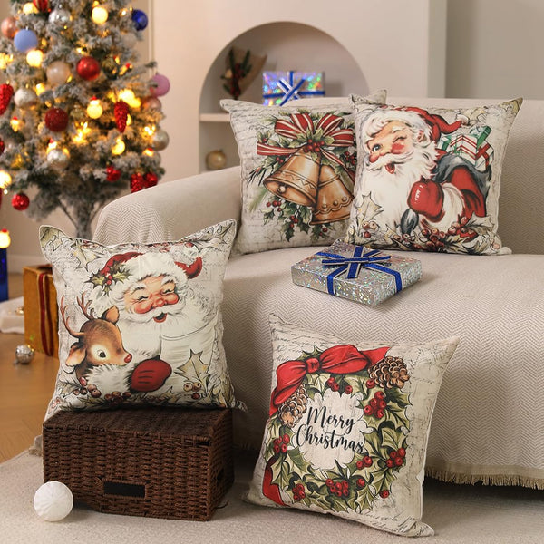 Christmas Pillow Covers 18x18 inch Set of 4 Santa Claus Reindeer - Blue