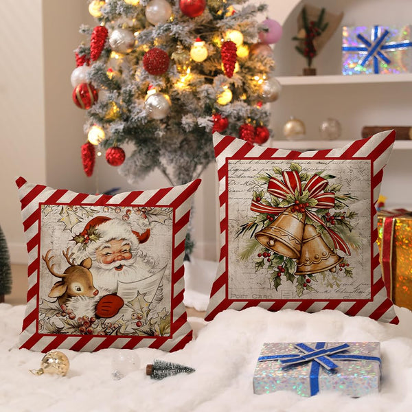 Christmas Pillow Covers 18x18 inch Set of 4 Santa Claus Reindeer - Red Stripe