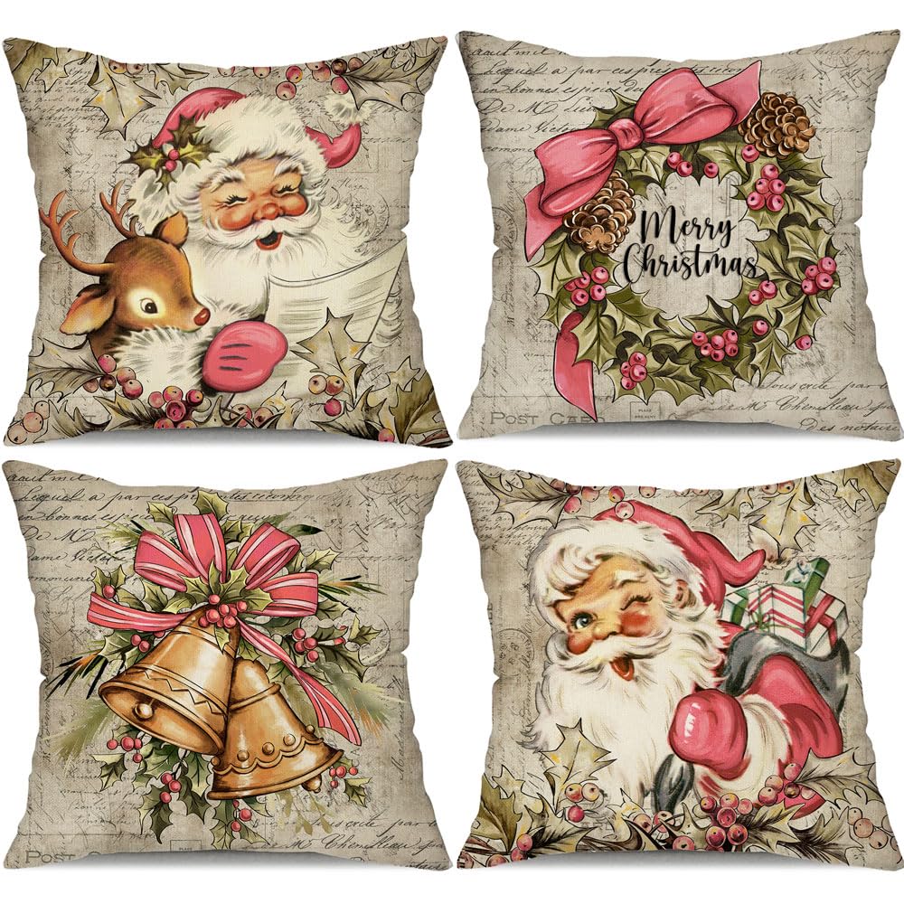 Christmas Pillow Covers 18x18 inch Set of 4 Santa Claus Reindeer - Pink