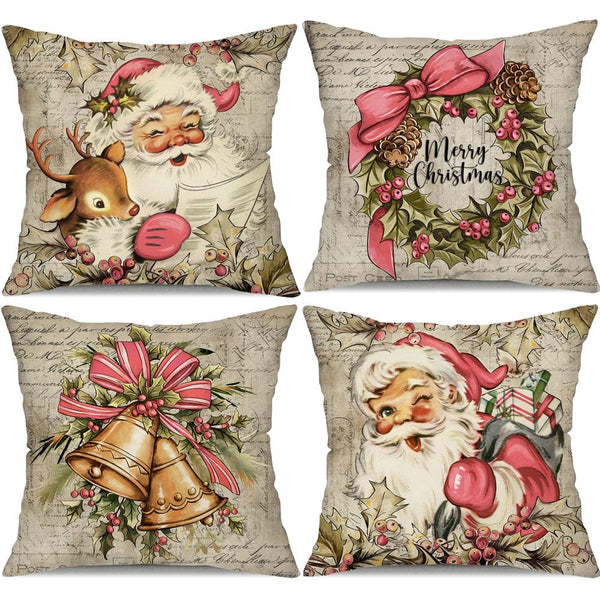 Christmas Pillow Covers 18x18 inch Set of 4 Santa Claus Reindeer - Pink
