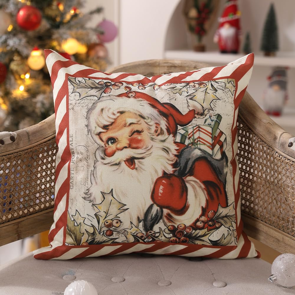 Christmas Pillow Covers 18x18 inch Set of 4 Santa Claus Reindeer - Red Stripe