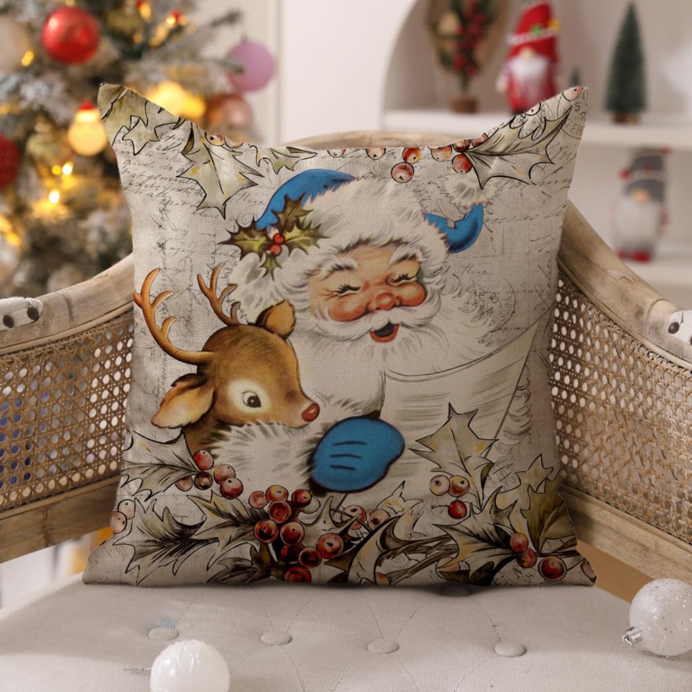 Christmas Pillow Covers 18x18 inch Set of 4 Santa Claus Reindeer - Blue
