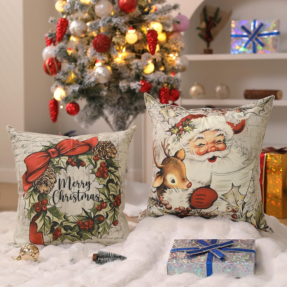 Christmas Pillow Covers 18x18 inch Set of 4 Santa Claus Reindeer