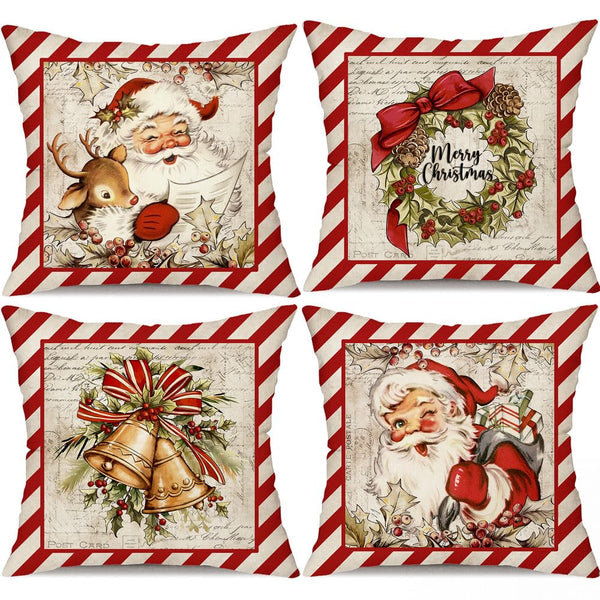 Christmas Pillow Covers 18x18 inch Set of 4 Santa Claus Reindeer - Red Stripe