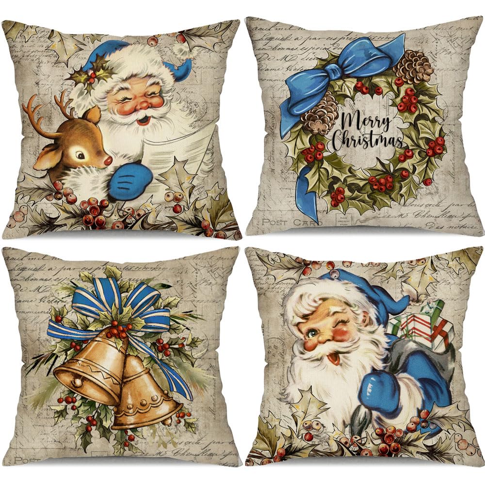 Christmas Pillow Covers 18x18 inch Set of 4 Santa Claus Reindeer - Blue