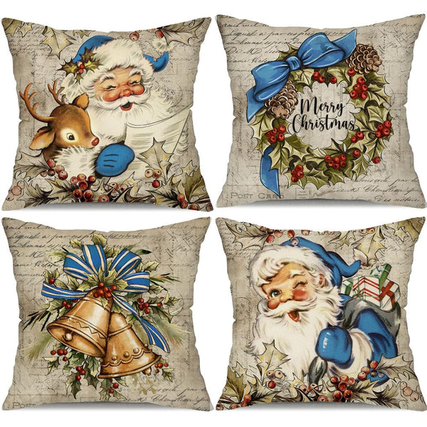 Christmas Pillow Covers 18x18 inch Set of 4 Santa Claus Reindeer - Blue