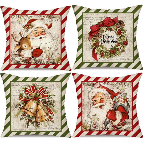 Christmas Pillow Covers 18x18 inch Set of 4 Santa Claus Reindeer - Green and Red Stripe