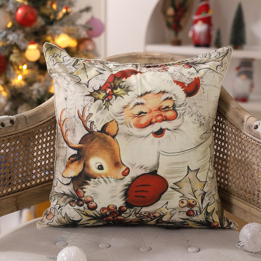 Christmas Pillow Covers 18x18 inch Set of 4 Santa Claus Reindeer