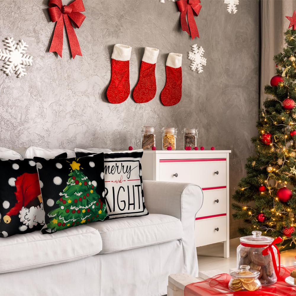 4PCS Christmas Pillow Covers 18x18 inch Hello Winter Merry Bright Throw Pillow Covers