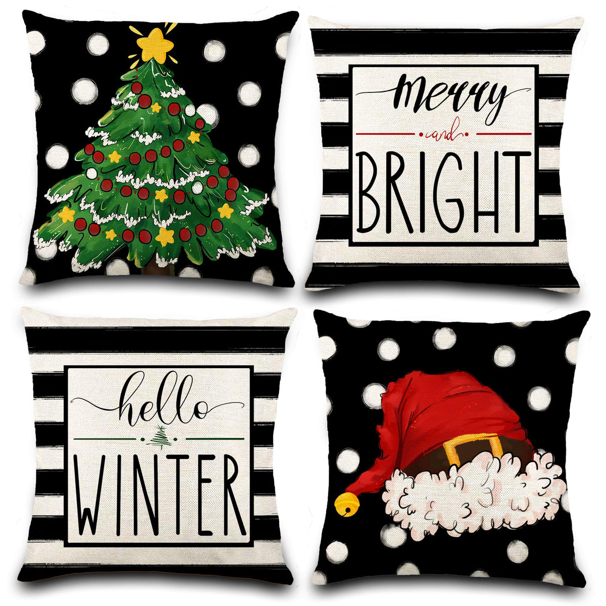 4PCS Christmas Pillow Covers 18x18 inch Hello Winter Merry Bright Throw Pillow Covers