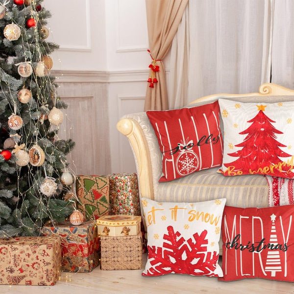 4PCS Christmas Pillow Covers 18x18 inch Winter Throw Pillow Covers Red Merry Christmas Tree Snowflake