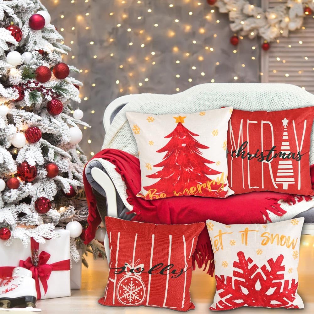 4PCS Christmas Pillow Covers 18x18 inch Winter Throw Pillow Covers Red Merry Christmas Tree Snowflake