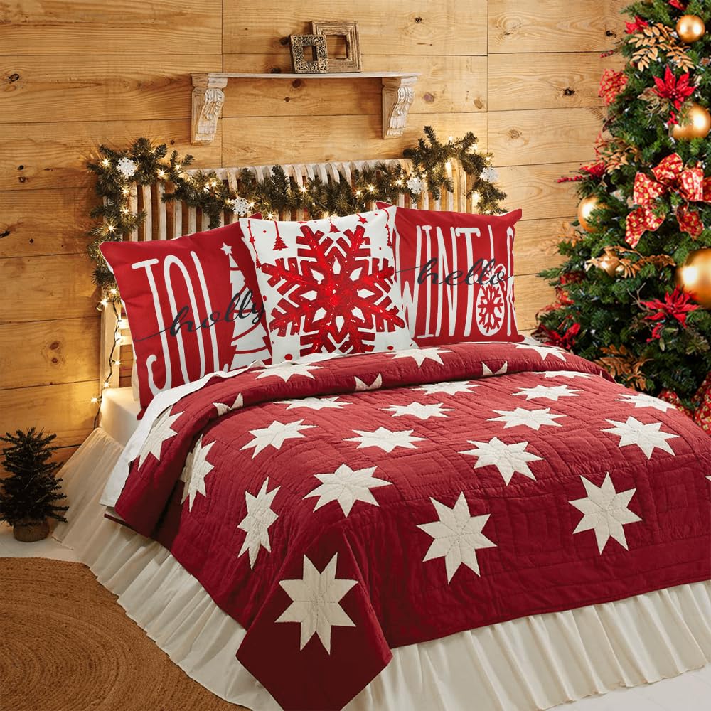 4PCS Christmas Pillow Covers 18x18 inch Winter Throw Pillow Covers Red Merry Christmas Tree Snowflake
