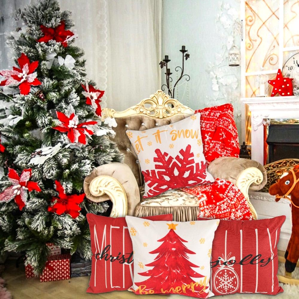4PCS Christmas Pillow Covers 18x18 inch Winter Throw Pillow Covers Red Merry Christmas Tree Snowflake