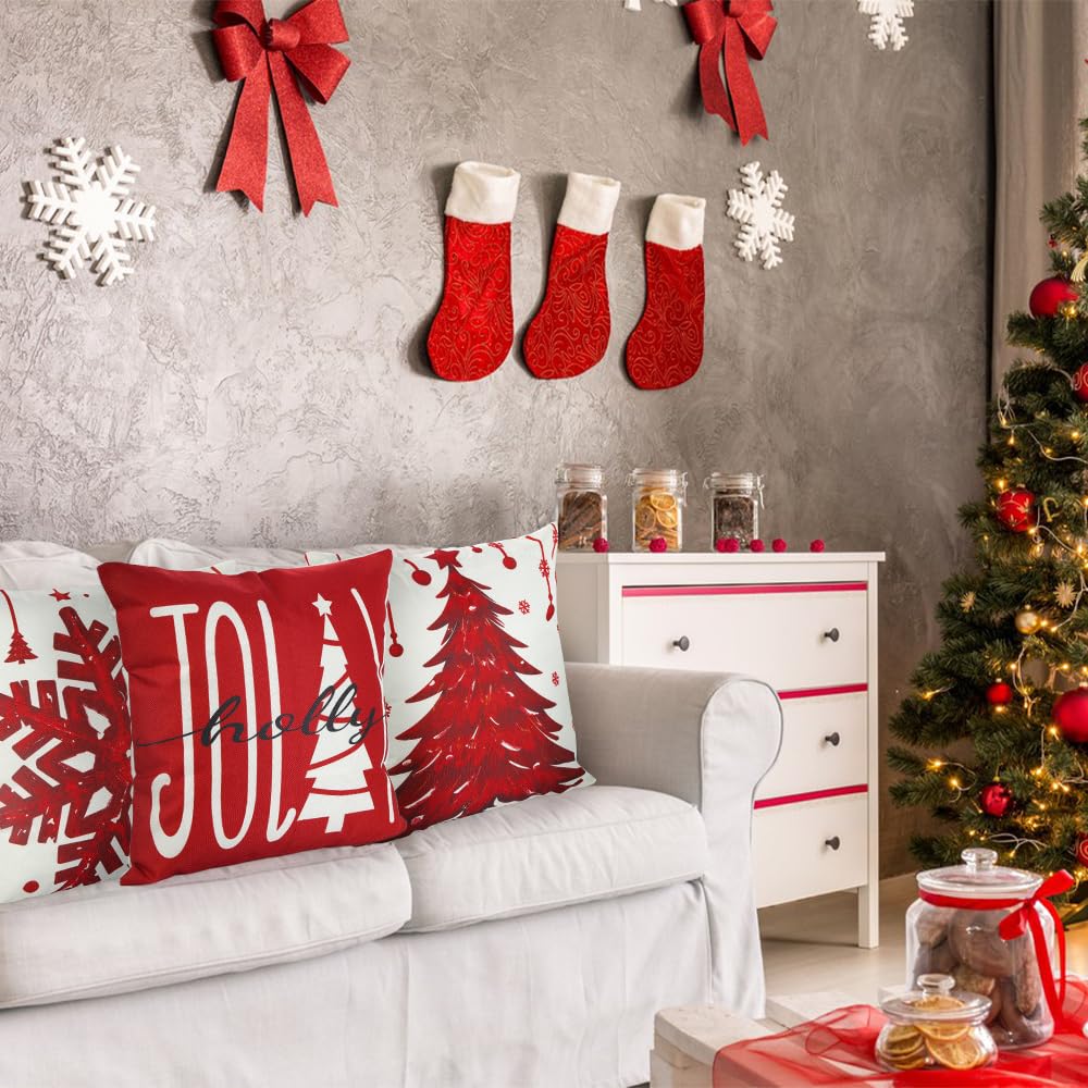 4PCS Christmas Pillow Covers 18x18 inch Winter Throw Pillow Covers Red Merry Christmas Tree Snowflake