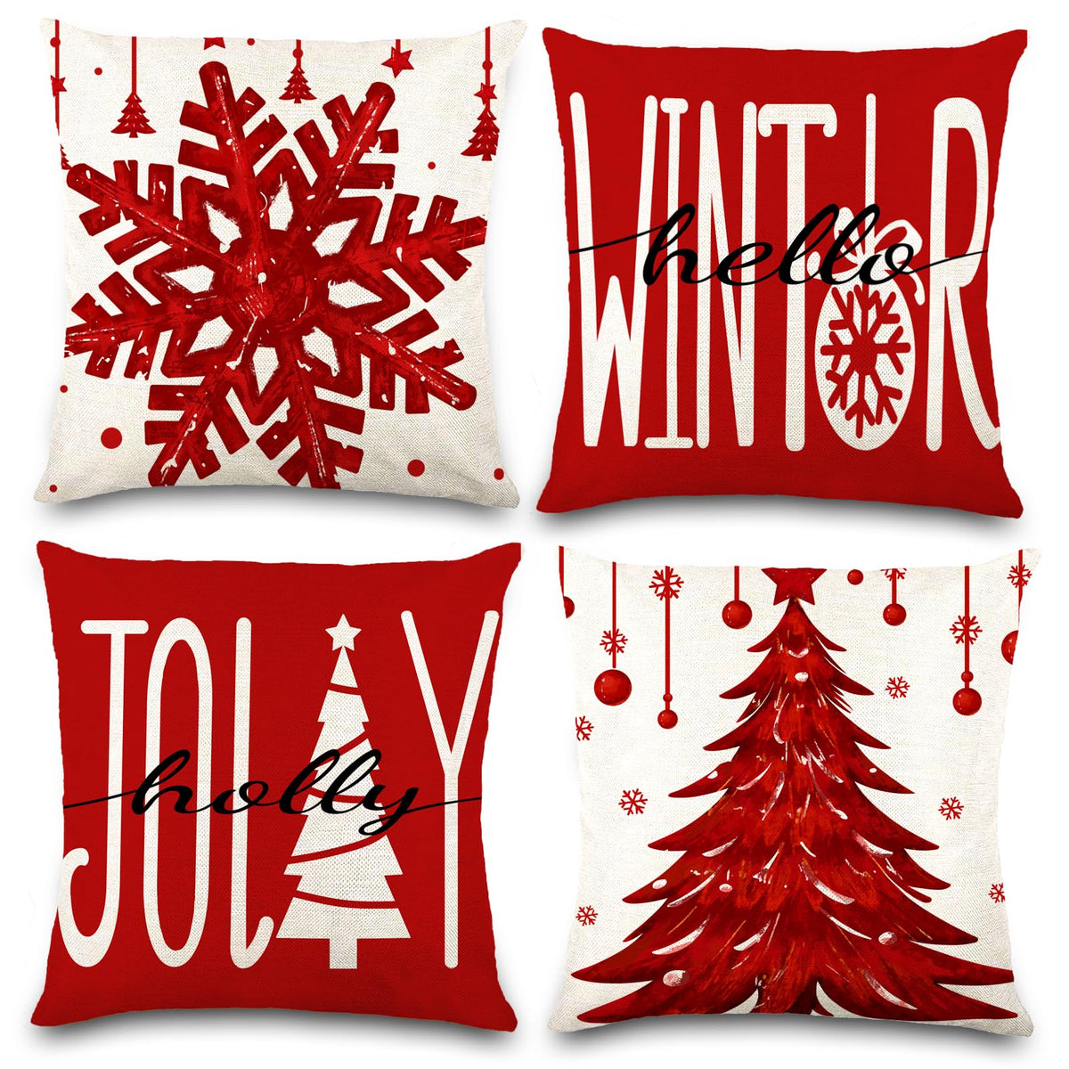 4PCS Christmas Pillow Covers 18x18 inch Winter Throw Pillow Covers Red Merry Christmas Tree Snowflake