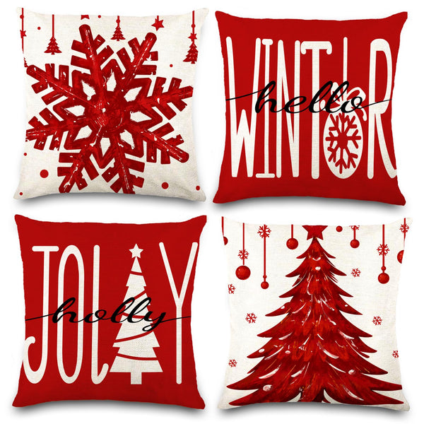 4PCS Christmas Pillow Covers 18x18 inch Winter Throw Pillow Covers Red Merry Christmas Tree Snowflake
