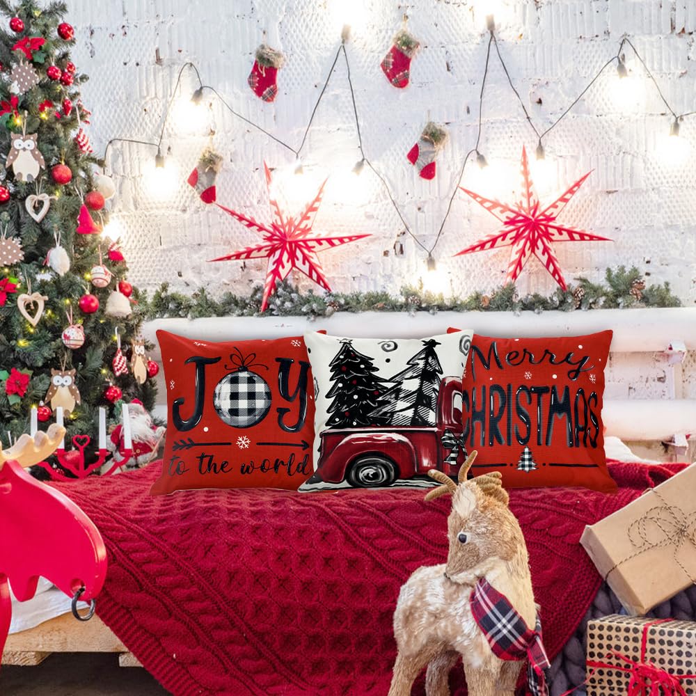 4pcs Christmas Pillow Covers 18x18 Inch Red Pillow Covers Xmas Decorations Buffalo Tree Truck