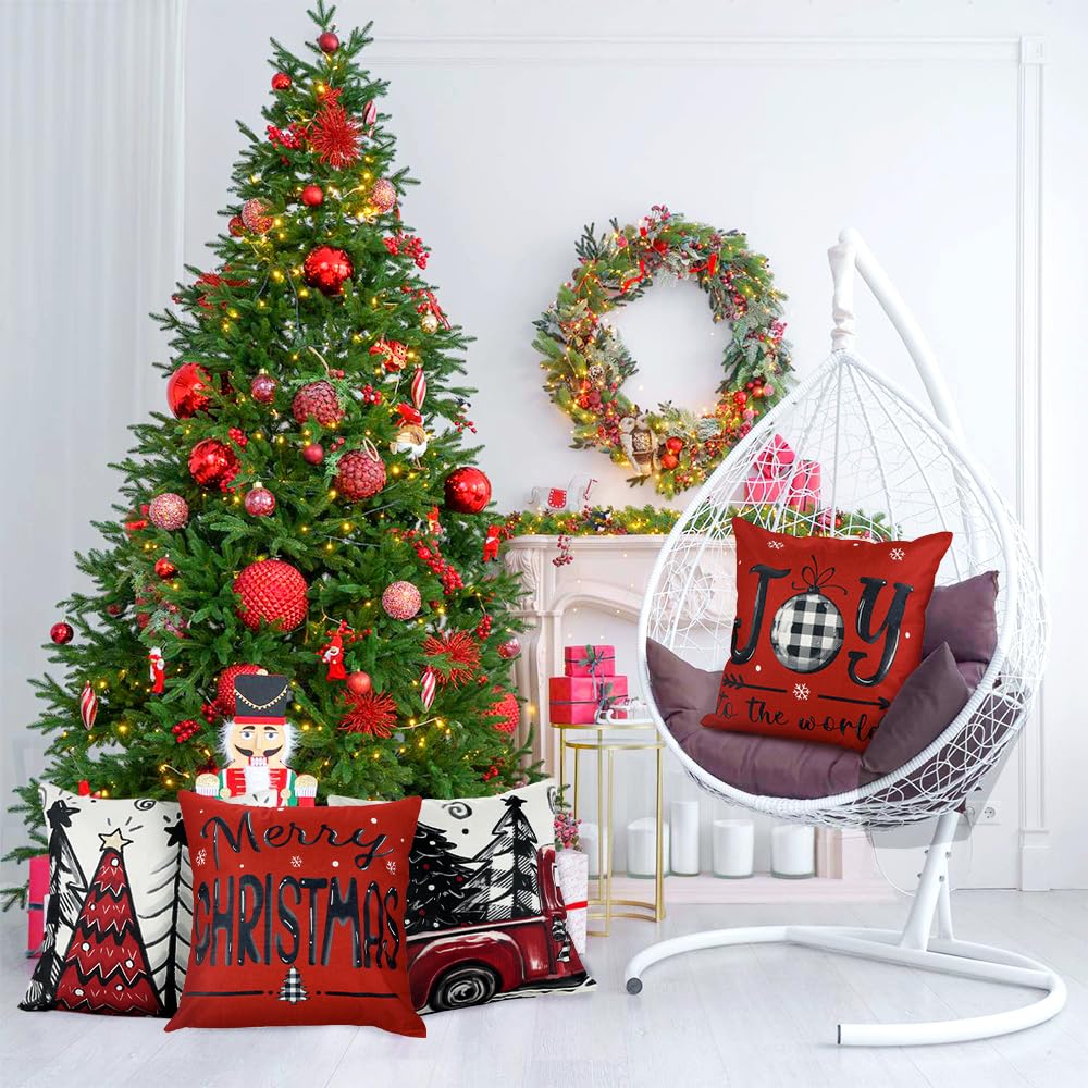 4pcs Christmas Pillow Covers 18x18 Inch Red Pillow Covers Xmas Decorations Buffalo Tree Truck