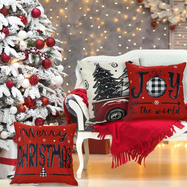 4pcs Christmas Pillow Covers 18x18 Inch Red Pillow Covers Xmas Decorations Buffalo Tree Truck
