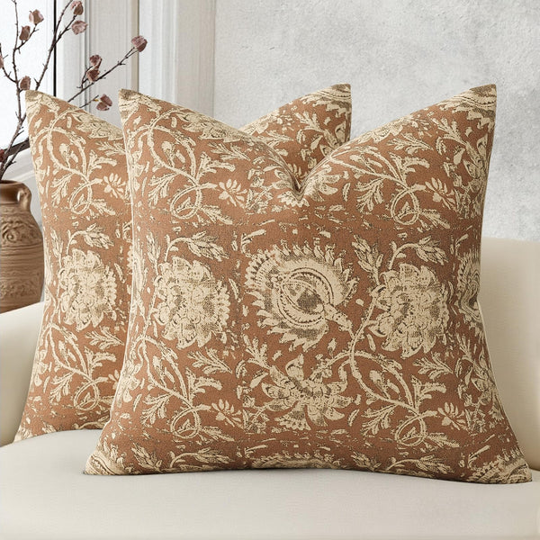 Vintage Floral Print Throw Pillow Covers 18x18 Set of 2 Neutral Modern Farmhouse Pillowcases, Cognac
