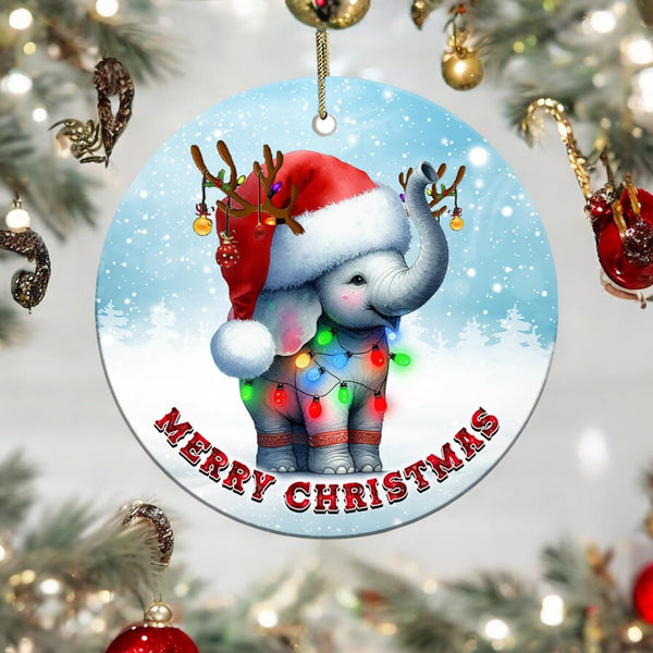 2025 Christmas Ornament - Elephant Merry Christmas Ceramic Ornament, Xmas Tree Decoration, Hanging Ornament, for Family, Friends