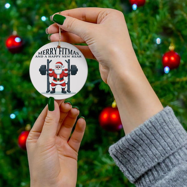 Christmas Ornament - Merry Fitmas Ceramic Ornament, Funny Santa Gym Ceramic Tree Decor