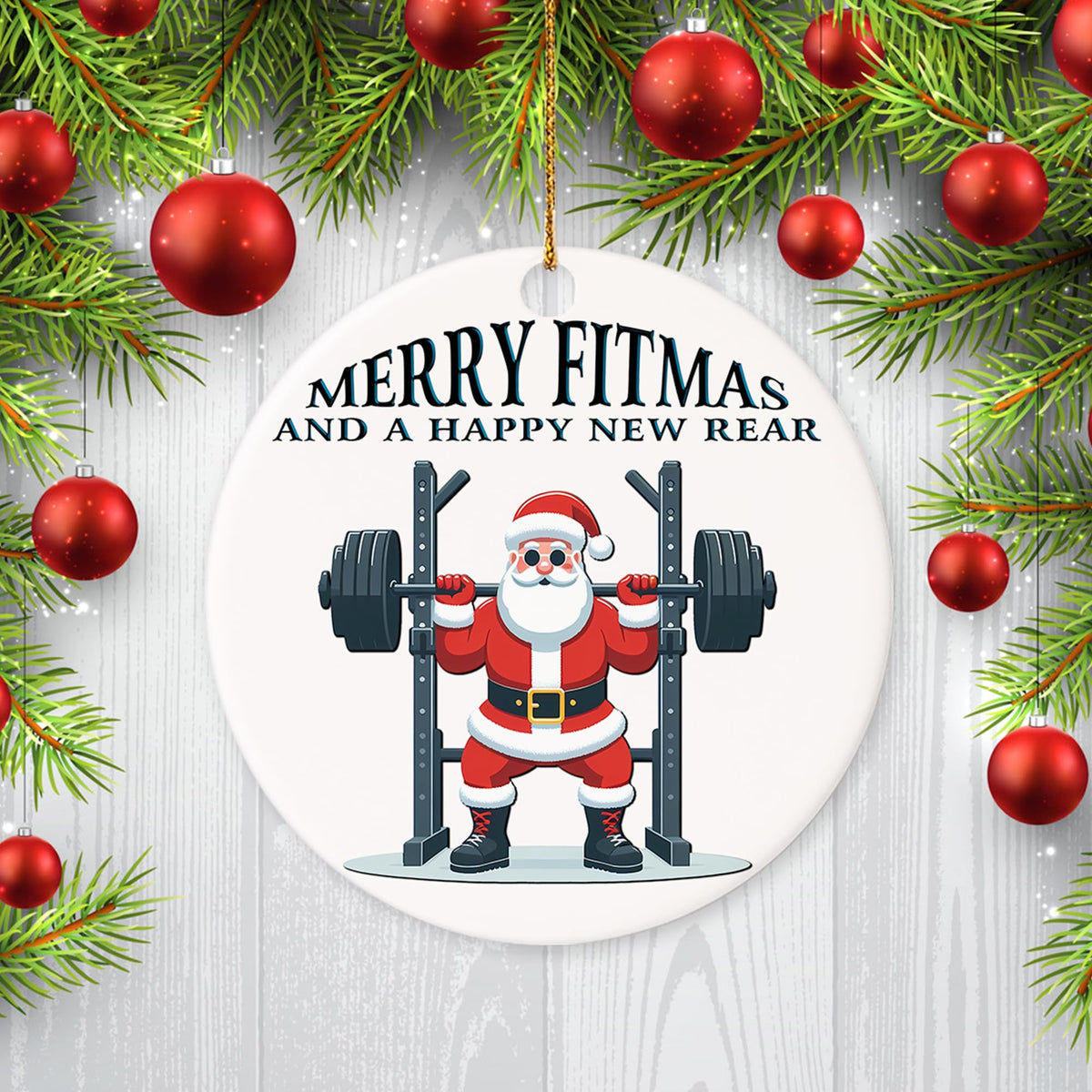 Christmas Ornament - Merry Fitmas Ceramic Ornament, Funny Santa Gym Ceramic Tree Decor