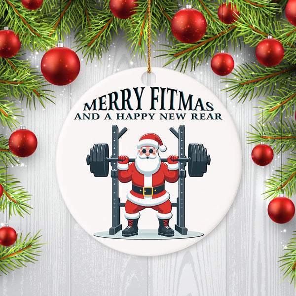 Christmas Ornament - Merry Fitmas Ceramic Ornament, Funny Santa Gym Ceramic Tree Decor