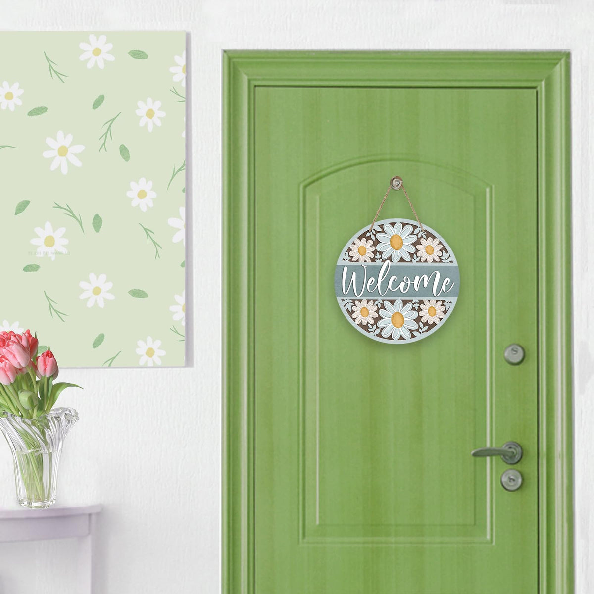 Welcome Spring Summer Daisy Flower Front Door Sign, Floral Farmhouse Wood Door Hanger Outdoor Outside Porch Decor