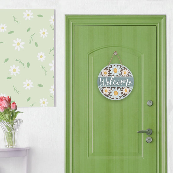 Welcome Spring Summer Daisy Flower Front Door Sign, Floral Farmhouse Wood Door Hanger Outdoor Outside Porch Decor