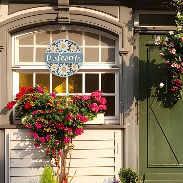 Welcome Spring Summer Daisy Flower Front Door Sign, Floral Farmhouse Wood Door Hanger Outdoor Outside Porch Decor
