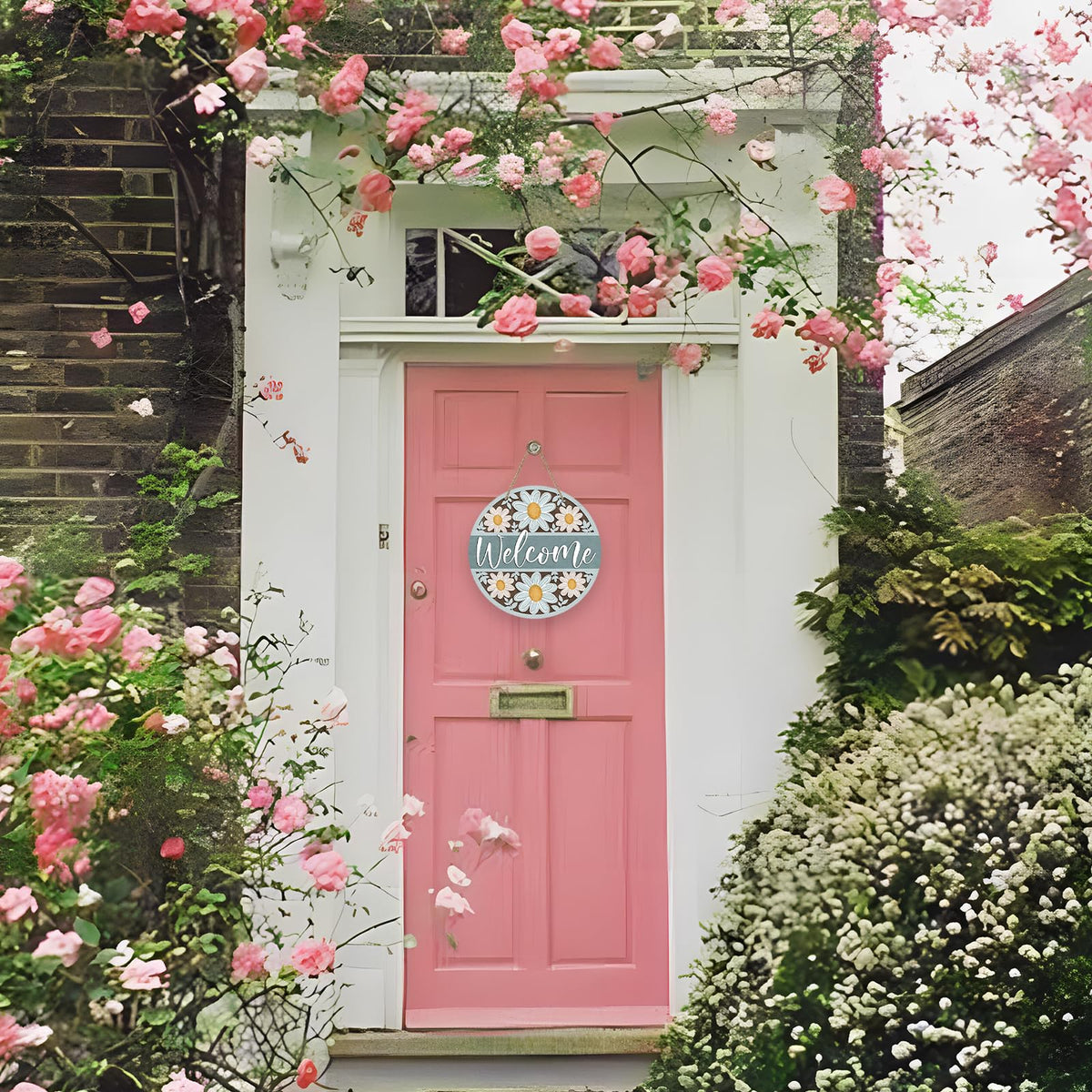 Welcome Spring Summer Daisy Flower Front Door Sign, Floral Farmhouse Wood Door Hanger Outdoor Outside Porch Decor
