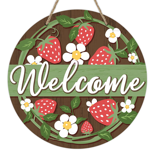 Welcome Spring Summer Strawberry Front Door Sign, Daisy Flower Farmhouse Wood Door Hanger Outdoor Outside Porch Decor