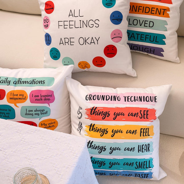 Inspirational Grounding Technique All Feelings are Okay Reversible Throw Pillow Covers 18x18 in Set of 4