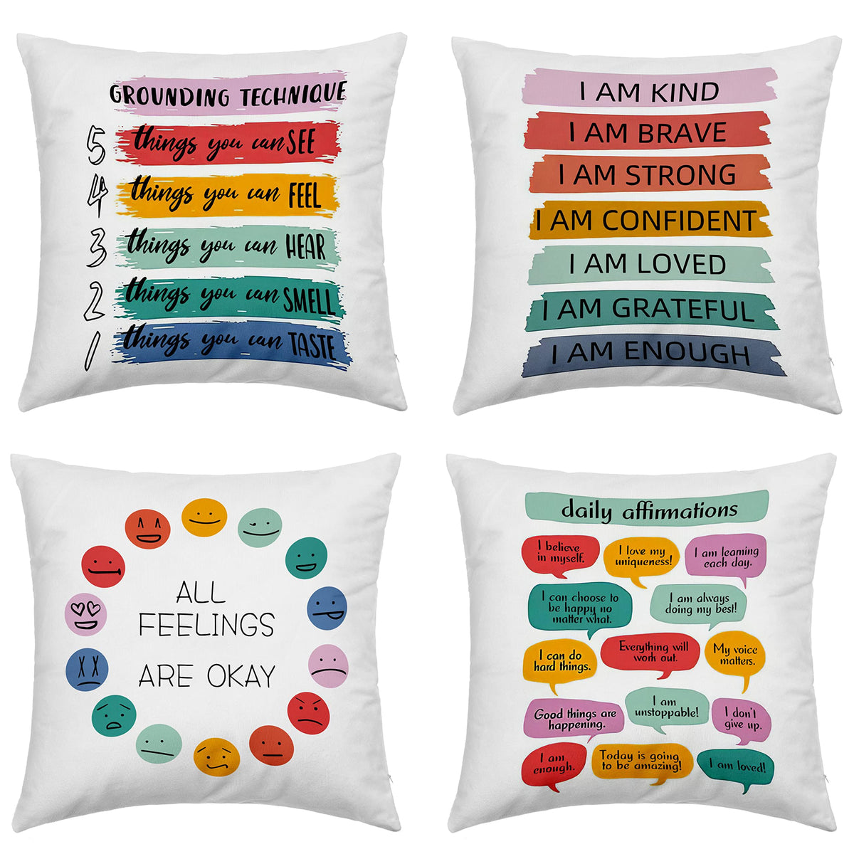Inspirational Grounding Technique All Feelings are Okay Reversible Throw Pillow Covers 18x18 in Set of 4
